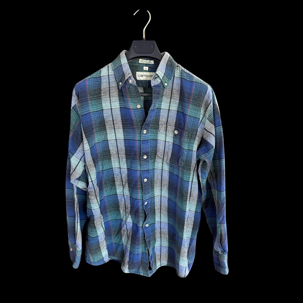 80's Campus Blue Green Plaid Flannel Shirt Button Down Cotton Size M RN 49028
